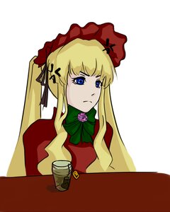 Rating: Safe Score: 0 Tags: 1girl blonde_hair blue_eyes bonnet bow bowtie cup dress flower frown image long_hair long_sleeves shinku sidelocks simple_background solo twintails upper_body white_background User: admin