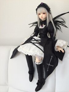 Rating: Safe Score: 0 Tags: 1girl black_footwear black_legwear boots doll dress frills full_body gothic_lolita hairband lolita_fashion long_hair long_sleeves rose silver_hair solo suigintou User: admin