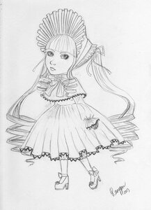 Rating: Safe Score: 0 Tags: 1girl bangs bonnet dress drill_hair full_body high_heels image long_hair long_sleeves monochrome shinku solo standing very_long_hair User: admin