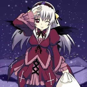 Rating: Safe Score: 0 Tags: 1girl cowboy_shot dress frills hairband image lolita_hairband long_hair long_sleeves looking_at_viewer one_eye_closed pink_eyes red_dress rose silver_hair sky snow snowing solo standing suigintou wings User: admin
