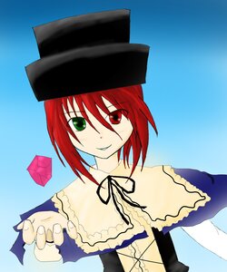 Rating: Safe Score: 0 Tags: 1girl capelet dress flower green_eyes hat heterochromia image long_sleeves looking_at_viewer red_eyes red_hair rose short_hair smile solo souseiseki User: admin