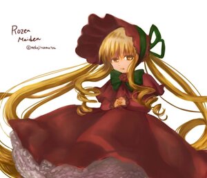 Rating: Safe Score: 0 Tags: 1girl blonde_hair bonnet bow bowtie dress drill_hair flower image long_hair long_sleeves looking_at_viewer pink_rose red_dress rose shinku simple_background solo standing twintails twitter_username very_long_hair white_background yellow_eyes User: admin