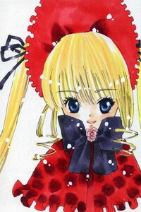 Rating: Safe Score: 0 Tags: 1girl bangs blonde_hair blue_eyes bow dress flower frills hair_bow image looking_at_viewer marker_(medium) pink_rose red_dress rose shinku solo traditional_media User: admin