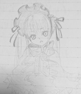 Rating: Safe Score: 0 Tags: 1girl dress hair_ribbon image long_hair long_sleeves looking_at_viewer monochrome ribbon shinku simple_background sketch solo traditional_media User: admin