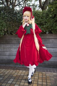 Rating: Safe Score: 0 Tags: 1girl blonde_hair blue_eyes bonnet bow capelet dress flower full_body long_hair long_sleeves looking_at_viewer outdoors pantyhose red_dress shinku shoes solo standing tile_floor tiles tree white_legwear User: admin