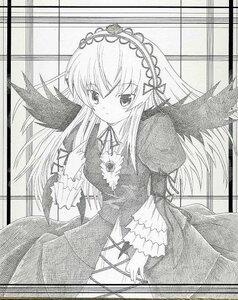 Rating: Safe Score: 0 Tags: 1girl auto_tagged dress frills greyscale hairband image long_hair long_sleeves looking_at_viewer monochrome ribbon solo suigintou traditional_media wings User: admin