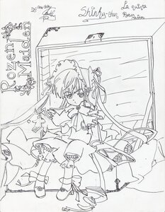 Rating: Safe Score: 0 Tags: 1girl dress frills full_body image long_hair long_sleeves looking_at_viewer monochrome ribbon shinku solo standing very_long_hair User: admin