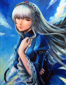Rating: Safe Score: 0 Tags: 1girl closed_mouth cloud commentary_request detached_collar dress feathers frilled_sleeves frills hairband hand_on_own_chest image light_smile long_hair long_sleeves looking_at_viewer puffy_sleeves red_eyes ribbon rozen_maiden silver_hair sky solo suigintou tafuto traditional_media wings User: admin