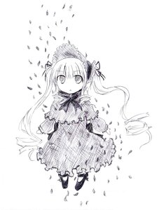 Rating: Safe Score: 0 Tags: 1girl dress flower full_body hairband image long_hair long_sleeves looking_at_viewer monochrome petals ribbon shinku shoes solo standing striped twintails very_long_hair User: admin