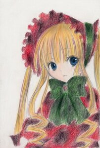 Rating: Safe Score: 0 Tags: 1girl blonde_hair blue_eyes bow bowtie dress green_bow green_neckwear image long_hair long_sleeves looking_at_viewer shinku simple_background solo twintails User: admin