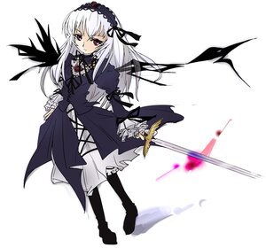 Rating: Safe Score: 0 Tags: 1girl bangs black_wings boots dress flower frills full_body hairband holding image ixy long_hair long_sleeves looking_at_viewer pink_eyes puffy_sleeves rose rozen_maiden silver_hair solo standing suigintou sword weapon white_background wings User: admin