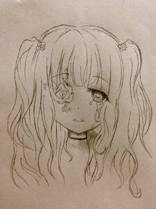 Rating: Safe Score: 0 Tags: 1girl bandaid bangs choker crying eyebrows_visible_through_hair flower hair_ornament image kirakishou long_hair looking_at_viewer monochrome photo simple_background solo tears traditional_media upper_body User: admin