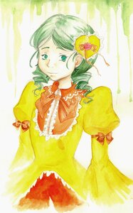 Rating: Safe Score: 0 Tags: 1girl bow dress drill_hair frills green_hair hair_ornament heart_hair_ornament image juliet_sleeves kanaria long_sleeves puffy_sleeves solo twin_drills User: admin