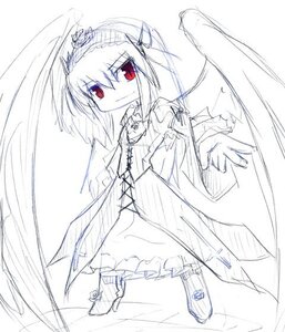 Rating: Safe Score: 0 Tags: 1girl dress frills full_body image long_hair long_sleeves looking_at_viewer monochrome red_eyes shoes simple_background sketch smile solo standing suigintou white_background wings User: admin