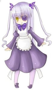 Rating: Safe Score: 0 Tags: 1girl apron barasuishou bow dress eyepatch full_body image juliet_sleeves long_hair long_sleeves looking_at_viewer pantyhose purple_dress silver_hair simple_background solo standing striped vertical_stripes white_background yellow_eyes User: admin