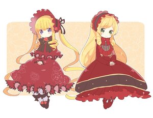 Rating: Safe Score: 0 Tags: 2girls blonde_hair blush bonnet bow dress green_eyes image long_hair long_sleeves looking_at_viewer multiple_girls red_dress shinku smile solo striped very_long_hair User: admin