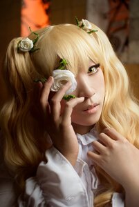 Rating: Safe Score: 0 Tags: 1girl blonde_hair blurry depth_of_field dress face flower hair_ornament hands kirakishou lips long_hair looking_at_viewer nose realistic rose solo white_flower white_rose yellow_eyes User: admin