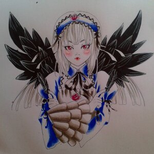 Rating: Safe Score: 0 Tags: 1girl black_wings blue_flower blue_rose blush dress feathered_wings feathers flower hairband image looking_at_viewer neck_ribbon photo red_eyes ribbon rose solo suigintou traditional_media upper_body wings User: admin