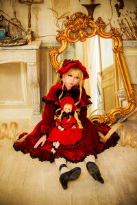 Rating: Safe Score: 0 Tags: 1girl blonde_hair blue_eyes bonnet dress long_hair looking_at_viewer on_floor red_dress shinku shoes shoes_removed sitting solo twintails User: admin