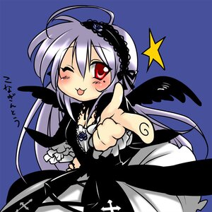 Rating: Safe Score: 0 Tags: 1girl ahoge black_wings blue_background blush dress flower frills image long_hair long_sleeves looking_at_viewer one_eye_closed pointing pointing_at_viewer red_eyes rose silver_hair solo suigintou tongue tongue_out wings User: admin