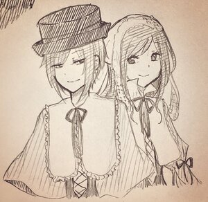 Rating: Safe Score: 0 Tags: 2girls capelet hat image long_hair looking_at_viewer monochrome multiple_girls neck_ribbon pair ribbon short_hair smile souseiseki suiseiseki traditional_media User: admin