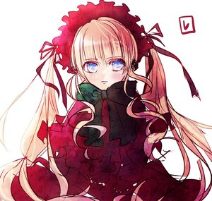 Rating: Safe Score: 0 Tags: 1girl blonde_hair blue_eyes bonnet bow capelet dress heart image long_hair looking_at_viewer red_dress shinku simple_background solo twintails white_background User: admin