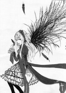 Rating: Safe Score: 0 Tags: 1girl dress feathered_wings feathers frills gothic_lolita greyscale hairband image lolita_fashion long_hair long_sleeves monochrome solo standing suigintou wings User: admin