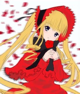 Rating: Safe Score: 0 Tags: 1girl blonde_hair blue_eyes blurry blush bonnet bow depth_of_field dress flower image long_hair long_sleeves looking_at_viewer photo red_dress rose shinku solo twintails very_long_hair User: admin