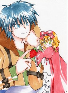 Rating: Safe Score: 0 Tags: 1boy 1girl apple blonde_hair blue_eyes blue_hair bow food fruit green_eyes hair_bow hinaichigo holding_fruit image long_sleeves pink_bow red_bow short_hair smile solo traditional_media User: admin