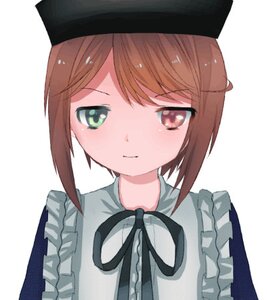 Rating: Safe Score: 0 Tags: 1girl apron bangs blush brown_eyes brown_hair closed_mouth eyebrows_visible_through_hair frills hat image looking_at_viewer ribbon short_hair simple_background solo souseiseki striped upper_body white_background User: admin