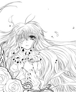 Rating: Safe Score: 0 Tags: 1girl blush dress eighth_note feathers flower frills greyscale image kirakishou lineart long_hair long_sleeves monochrome musical_note rose solo upper_body very_long_hair User: admin