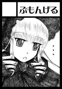 Rating: Safe Score: 0 Tags: 1girl black_border border circle_cut drill_hair flower greyscale hat image letterboxed long_hair looking_at_viewer monochrome rose shinku simple_background solo twin_drills twintails User: admin