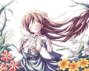 Rating: Safe Score: 0 Tags: 1girl brown_hair closed_eyes daisy dress flower head_scarf image lily_(flower) long_hair long_sleeves ribbon smile solo suiseiseki very_long_hair white_background white_flower User: admin