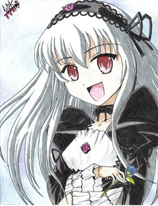Rating: Safe Score: 3 Tags: 1girl :d black_dress black_wings dress frills hairband image long_hair long_sleeves looking_at_viewer marker_(medium) open_mouth puffy_sleeves rose shikishi signature smile solo suigintou traditional_media upper_body wings User: admin