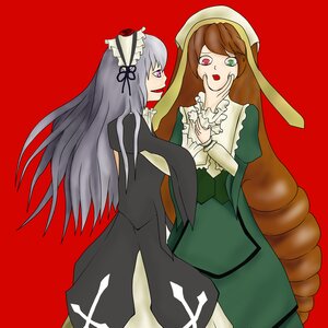 Rating: Safe Score: 0 Tags: 2girls brown_hair dress frills green_eyes hairband image long_hair long_sleeves multiple_girls open_mouth pair red_background red_eyes silver_hair simple_background suigintou suiseiseki very_long_hair User: admin