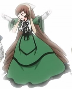 Rating: Safe Score: 0 Tags: 1girl brown_hair dress green_dress image long_hair long_sleeves ribbon shirt solo suiseiseki white_shirt User: admin