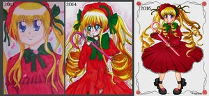 Rating: Safe Score: 0 Tags: 1girl black_footwear blonde_hair blue_eyes blush bonnet bow bowtie cup dress drill_hair flower full_body green_bow green_neckwear image long_hair long_sleeves looking_at_viewer multiple_views red_dress shinku shoes solo standing teacup twintails User: admin