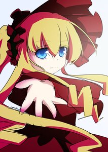 Rating: Safe Score: 0 Tags: 1girl blonde_hair blue_eyes bonnet bow dress flower image long_hair long_sleeves looking_at_viewer outstretched_arm outstretched_hand red_dress rose shinku smile solo User: admin