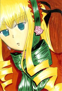 Rating: Safe Score: 0 Tags: 1girl bangs blonde_hair blue_eyes image long_hair ribbon shinku sidelocks simple_background solo upper_body User: admin