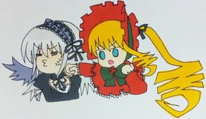 Rating: Safe Score: 0 Tags: 2girls black_wings blonde_hair blue_eyes blush_stickers bonnet bowtie dress flower frills hairband image long_hair long_sleeves multiple_girls open_mouth pair red_dress shinku silver_hair simple_background suigintou traditional_media wings User: admin