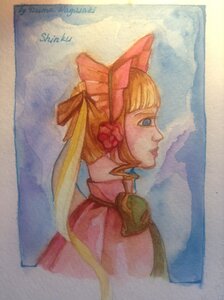 Rating: Safe Score: 0 Tags: 1girl bangs blonde_hair blue_eyes bow dress image long_hair photo profile shinku solo traditional_media upper_body watercolor_(medium) User: admin