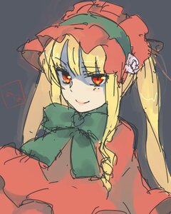 Rating: Safe Score: 0 Tags: 1girl aharan bad_id bad_pixiv_id blonde_hair bonnet bow dress image long_hair long_sleeves looking_at_viewer lowres oekaki red_eyes rozen_maiden shinku simple_background sketch smile solo twintails User: admin