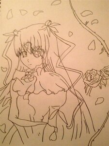 Rating: Safe Score: 0 Tags: 1girl barasuishou dress flower frills hair_ribbon heart image long_hair long_sleeves looking_at_viewer monochrome petals ribbon rose rose_petals solo traditional_media two_side_up upper_body very_long_hair User: admin