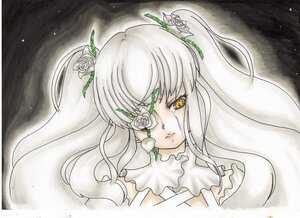 Rating: Safe Score: 0 Tags: 1girl eyepatch flower hair_flower hair_ornament image kirakishou long_hair rose solo thorns traditional_media vines white_flower white_hair white_rose yellow_eyes User: admin