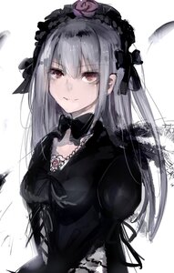 Rating: Safe Score: 0 Tags: 1girl black_dress black_ribbon closed_mouth dress eyebrows_visible_through_hair feathers flower hairband image lolita_fashion long_hair long_sleeves looking_at_viewer red_eyes ribbon rose silver_hair smile solo suigintou upper_body white_background User: admin