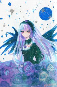 Rating: Safe Score: 0 Tags: 1girl black_dress black_ribbon detached_collar dress flower frills hairband image lolita_hairband long_hair long_sleeves red_eyes rose solo suigintou traditional_media very_long_hair wings User: admin