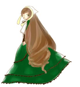 Rating: Safe Score: 0 Tags: 1girl brown_hair dress full_body green_dress green_eyes image long_hair long_sleeves looking_at_viewer looking_back simple_background solo suiseiseki very_long_hair white_background User: admin