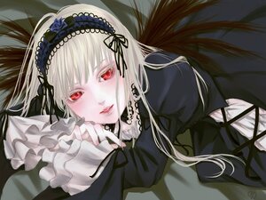 Rating: Safe Score: 0 Tags: 1girl black_ribbon blush dress flower frills hairband image lips long_hair long_sleeves looking_at_viewer red_eyes ribbon rose silver_hair solo suigintou User: admin