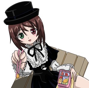 Rating: Safe Score: 0 Tags: 1girl :d blush brown_hair dress food frills green_eyes hat heterochromia holding image long_sleeves looking_at_viewer open_mouth red_eyes ribbon short_hair smile solo souseiseki suiseiseki top_hat white_background User: admin