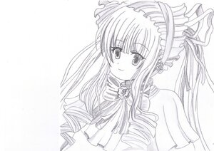 Rating: Safe Score: 0 Tags: 1girl blush bonnet bow dress drill_hair eyebrows_visible_through_hair image lolita_fashion long_hair looking_at_viewer monochrome ribbon ringlets shinku simple_background smile solo striped traditional_media twin_drills upper_body white_background User: admin